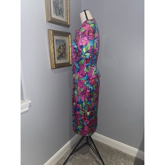 Vtg Adrianna Papell Silk Skirt Top 2 pc Set Sz 8 pink floral Maximalist Wow 90s - Picture 4 of 16